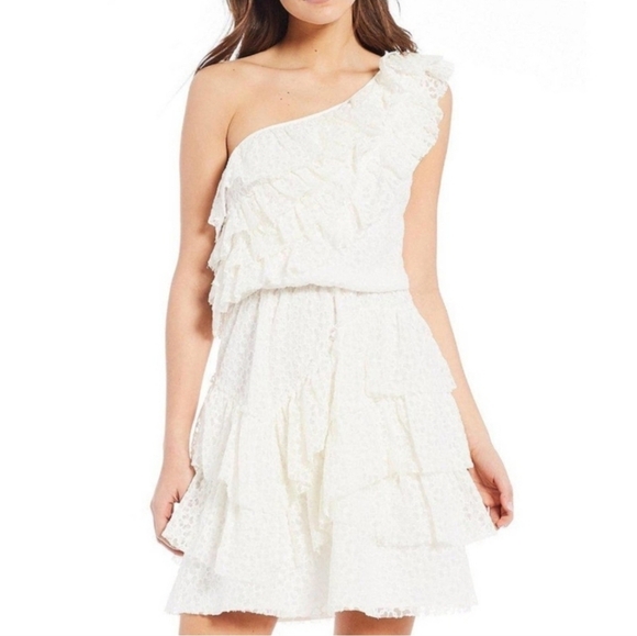 Chelsea & Violet Dresses & Skirts - Chelsea & Violet One Shoulder White Tiered Lace Fit And Flare Mini Dress Large